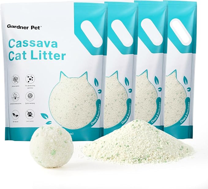 Gardner Pet Cassava Cat Litter, Clumping Cat Litter with Odor Control, Low Dust, Natural Plant-Based Litter, Fast Absorption & Low Tracking Kitty Litter, Unscented with Deodorizing Pellets (9LBS*4)-PawvioPets