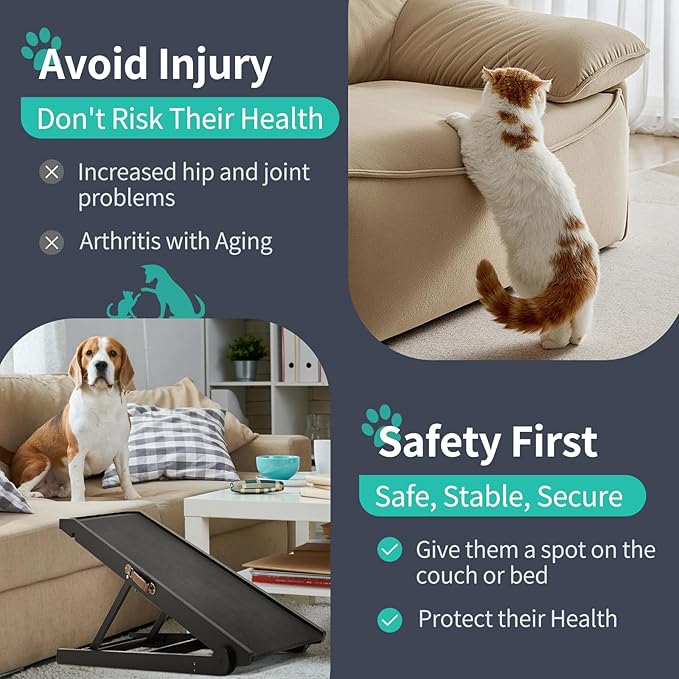 Dog Ramp, Adjustable Height Wooden Folding Pet Ramp for Bed, Couch,SUV-High Traction, Portable Paw Ramps for Small & Large Old Dogs & Cats - Furniture Quality-PawvioPets