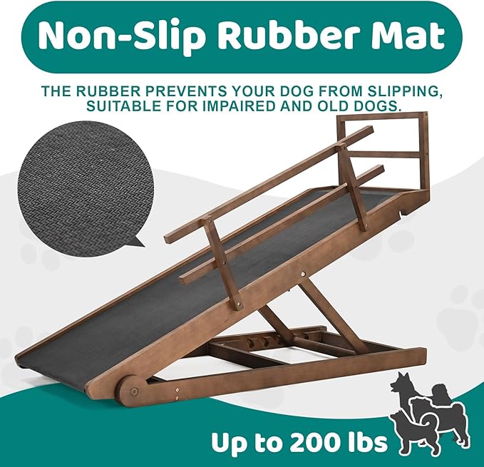 Dog Ramp for Bed, Adjustable Pet Ramps for Dog to Get on Bed, Non-Slip Rubber Surface - Folding Wooden Dog Ramp for Small/Large/Old Dogs, Adjustable up to 31 inch High Beds, Safety Railings-PawvioPets