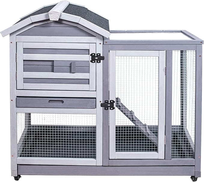 GEGURI Rabbit Hutch Indoor Rabbit Cage Outdoor, Wooden Bunny Cages for Guinea Pig with Wheels, Removable Tray, Ramp-PawvioPets