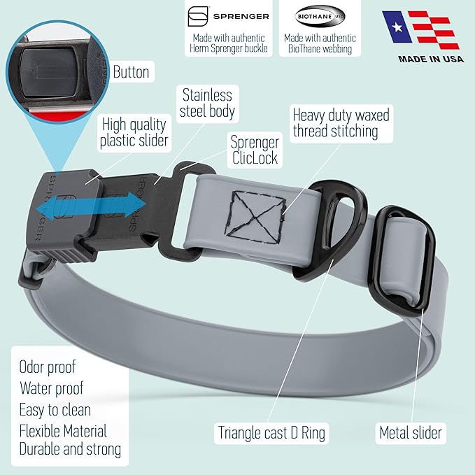 Dogline Biothane Waterproof Dog Collar with Herm Sprenger Stainless Steel Quick Release Buckle – Heavy Duty Tactical Durable Collar for Dogs – Comfortable and Safe Pet Collar, W 3/4" L 12-19", Gray-PawvioPets