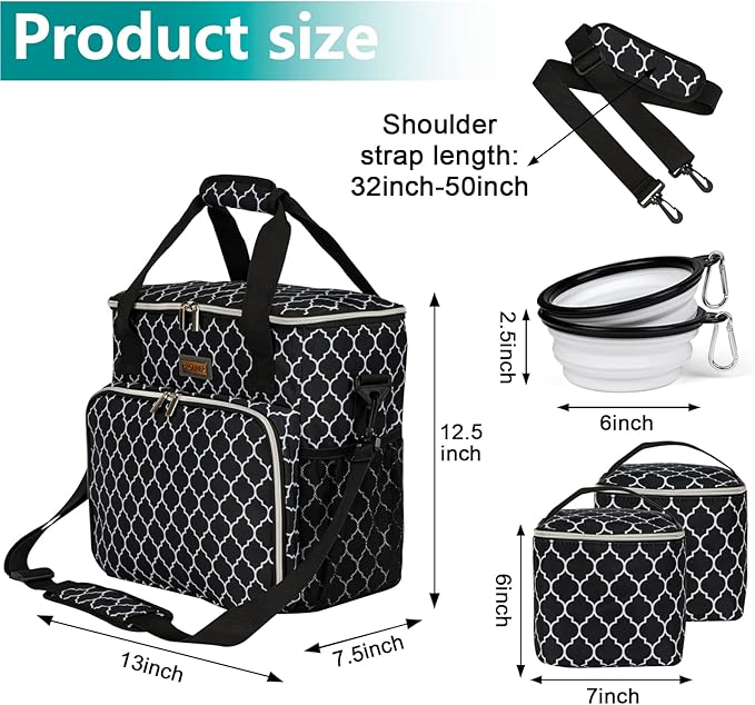 BAGLHER Dog Travel Bag, Pet Travel Bag (ALL Pet Travel Supplies), With 2 Pet Food Containers and 2 Collapsible Silicone Bowls; Essential Kits for Pet Travel DLblack-PawvioPets