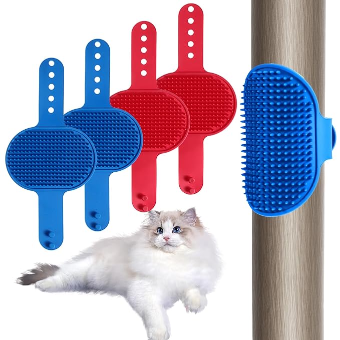 4Pcs Silicone Cat Grooming Brush Set, Multi-Functional Cat Self Groomer for Indoor Cats, Wall Mounted Face Scratchers, Grooming Strap Pad for Sofa & Chair Legs (Blue, Red)-PawvioPets