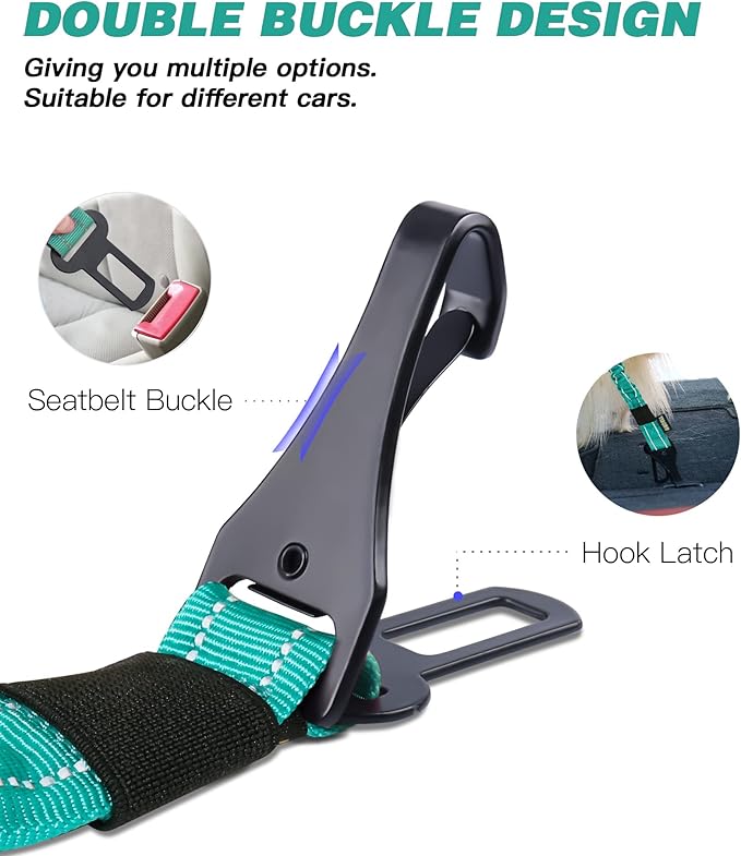 AUBELL Dog Seat Belt for Car,Updated 3-in-1 Adjustable Reflective Bungee Heavy Duty Dog Car Harness Tether with Clip Hook Latch & Buckle,Swivel Zinc Alloy Carabiner,Teal-PawvioPets