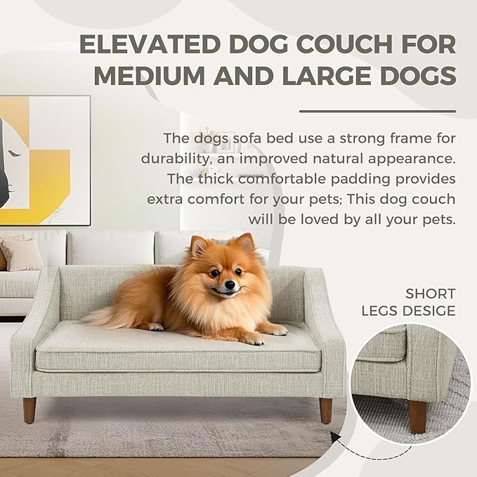 Dog Sofa Couch for Medium to Large Dogs, Durable Pet Sofa with Washable Fabric, Elevated Mini Dog Bed with Wooden Legs for Medium and Large Dogs, Beige-PawvioPets