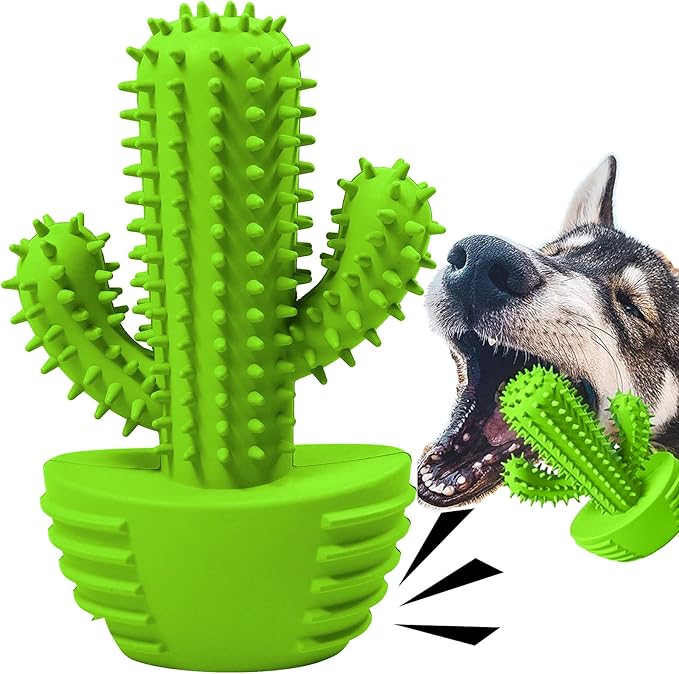 Dog Chew Toys, Toothbrush Stick Teeth Cleaning Brush Dental for Small Medium Large Dog, Rubber Squeaky Toys for Aggressive Chewers Cactus Tough Toys-PawvioPets
