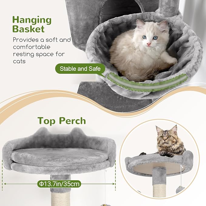 Globlazer Cat Tree, 70 inch Tall Scratching Tower Multi-Level Cat Condo for Indoor Multiple Cats with 2 Large Cat Caves, Top Perch, Large Platform, Bottom Swing, F70B, Light Grey-PawvioPets