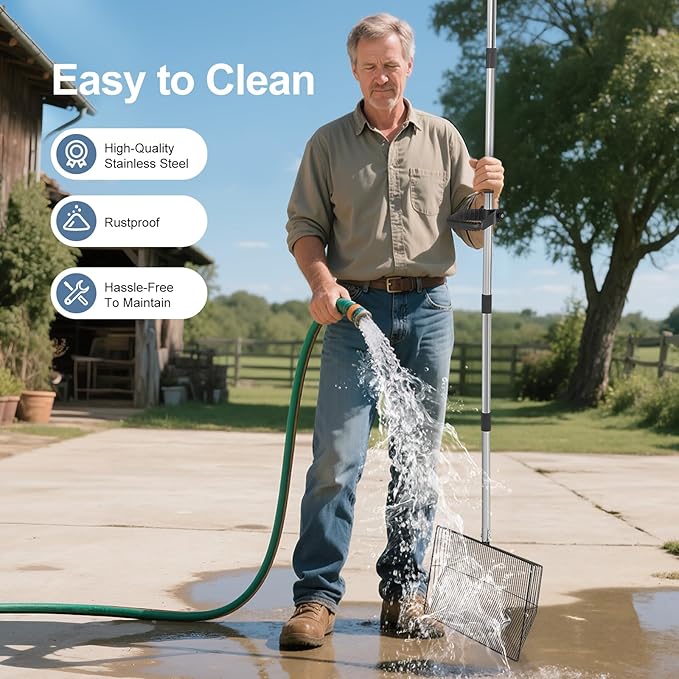 15inch Large Chicken Poop Scooper with Ergonomic Grip, 5 in 1 Adjustable Chicken Coop Pooper Shovel (24 to 76.5"), Stainless Steel Litter Sifting Shovel Scoop for Chicken Coop/Goat Stall/Stable-PawvioPets