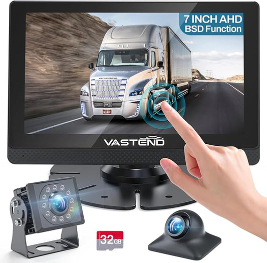 1080P Backup Camera for Truck, 7" IPS Touchscreen Monitor Front and Rear View Dual Cameras, IP69 Waterproof, IR Night Vision for Truck, Trailer, Camper, Included 32GB Card-PawvioPets