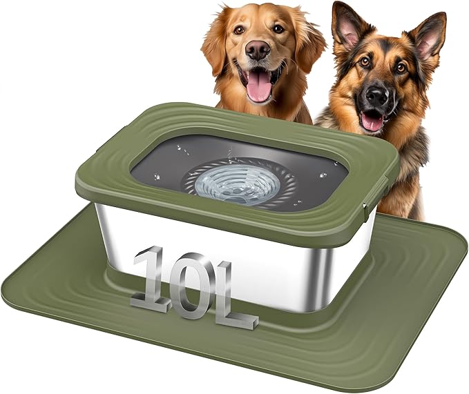 Decflow 10L Stainless Steel Dog Water Bowl, No Spill Anti-Splash Dog Bowls with XXL Silicone Mat, Spill-Proof Slow Feeder for Messy Drinkers, Heavy Duty Pet Bowls for Indoor/Outdoor Use-PawvioPets