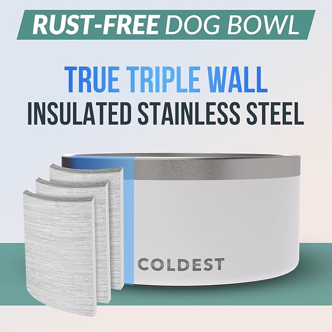 Coldest Dog Bowl - Anti Rust Metal, Non Slip, 3 Layers Insulated Stainless Steel Dog Bowls - Spill Proof & Heavy Duty - Water Bowl for Dogs, Cats & Pets, Dish Washer Safe (200 oz, Epic White)-PawvioPets