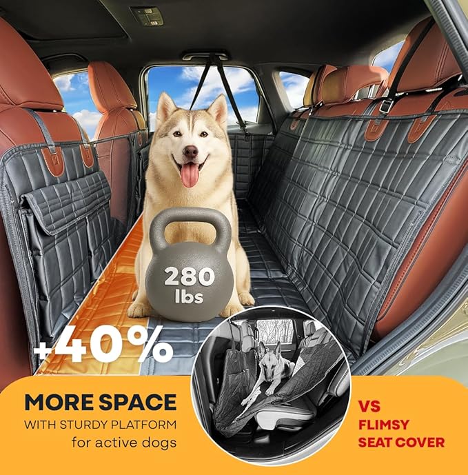 APetsPlanet Dog Car Seat Cover for Back Seat Hard Bottom - Waterproof Backseat Extender for Dogs - Pet Hammock Bed for Car, Truck, SUV with Mesh Window & Storage - Black Leather, with Door Covers-PawvioPets