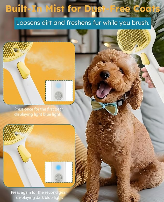 FURGO 3-in-1 Pet Steam Brush for Dogs & Cats – Reduces Static, Long-Pin Head for Long Hair, One-Click Release Button, Dog Spray Brush for Shedding Control (Long)-PawvioPets