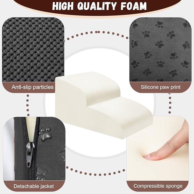 Dog Stairs for Small Dogs - High Density Foam Pet Steps, Extra Wide Dog Ramp with Non-Slip Bottom for High Beds, Couch and Sofa, Best for Dogs Injured, Older Doggy Cats,2 Steps, Black-PawvioPets