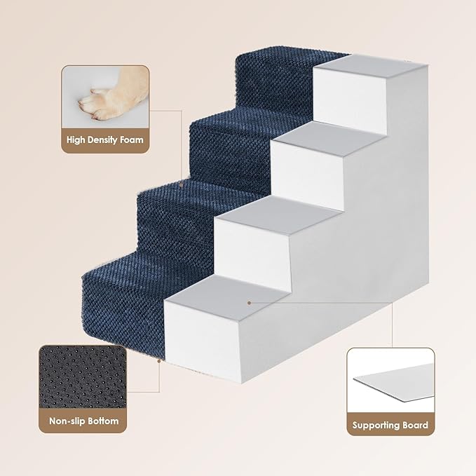 EHEYCIGA Dog Stairs for Bed 18" H, 4-Step Dog Steps for High Bed, Pet Steps for Small Dogs and Cats, Non-Slip Balanced Pet Ramp Indoor, Navy Blue-PawvioPets