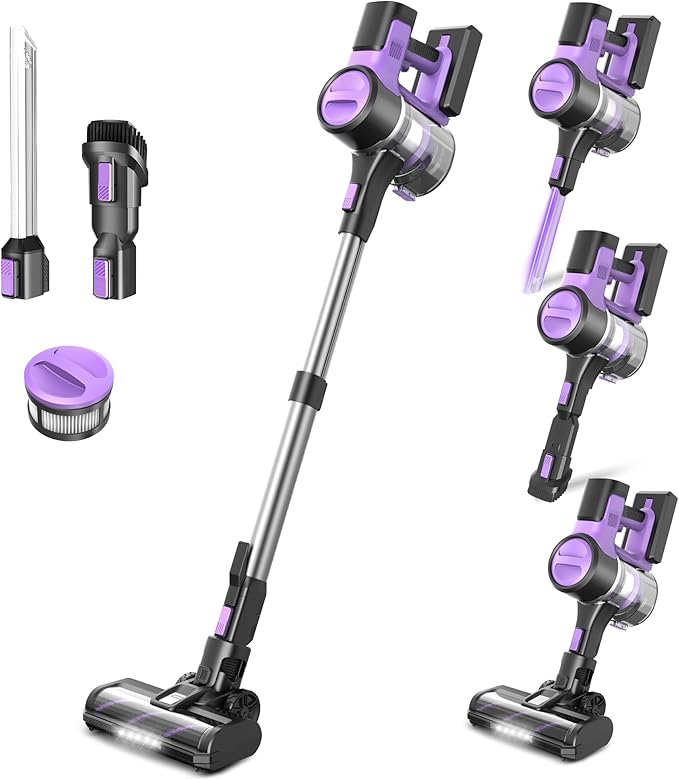 DEVOAC S10 Cordless Vacuum Cleaner, 45Kpa 50mins Lightweight Stick Vacuum with Powerful Suction for Home, Rechargeable, Self-Standing, Handheld Vacuum Cleaners for Hardwood Floors, Carpets Violet-PawvioPets