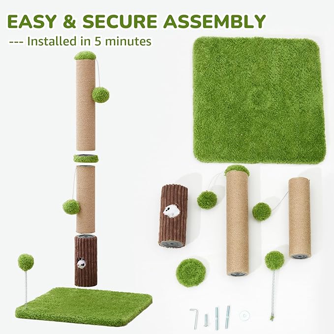 33" Tall Cat Scratching Post for Indoor Cats, Premium Sisal Scratch Posts with Cat Toys and Fun Mouse Holer for Cats at All Ages, Scratcher Tree with Reinforced Stable Base (Green)-PawvioPets