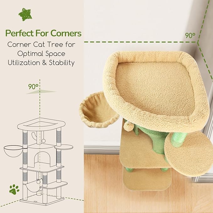 Globlazer Cactus Corner Cat Tree Tower with Scratching Post for Indoor Cats, 51in Multi-Level Cat Condo Tower with Large Hammock, Fan-Shaped Padded Perch, Spacious Cat Cave, Hanging Basket, C51, Green-PawvioPets