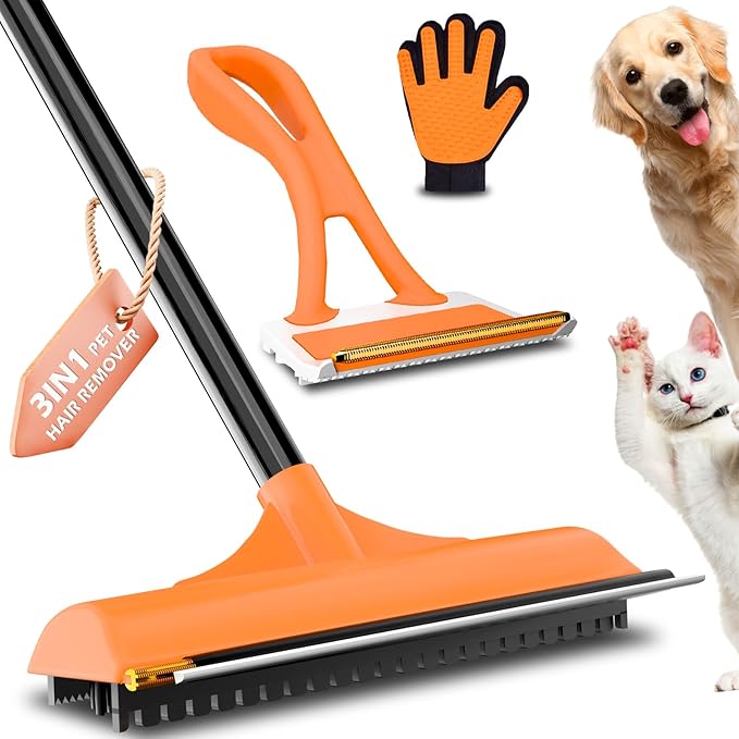 3 in 1 Carpet rake Kit for Pet Hair Removal Tool - Reusable Pet Hair Remover broom w 58"Adjustable Long Handle, Dog & Cat Carpet Scraper, Pet Hair Remover for Rugs, Mats, Couch, Curtains(Orange)-PawvioPets
