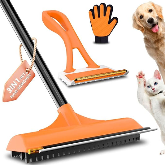 3 in 1 Carpet rake Kit for Pet Hair Removal Tool - Reusable Pet Hair Remover broom w 58"Adjustable Long Handle, Dog & Cat Carpet Scraper, Pet Hair Remover for Rugs, Mats, Couch, Curtains(Orange)-PawvioPets