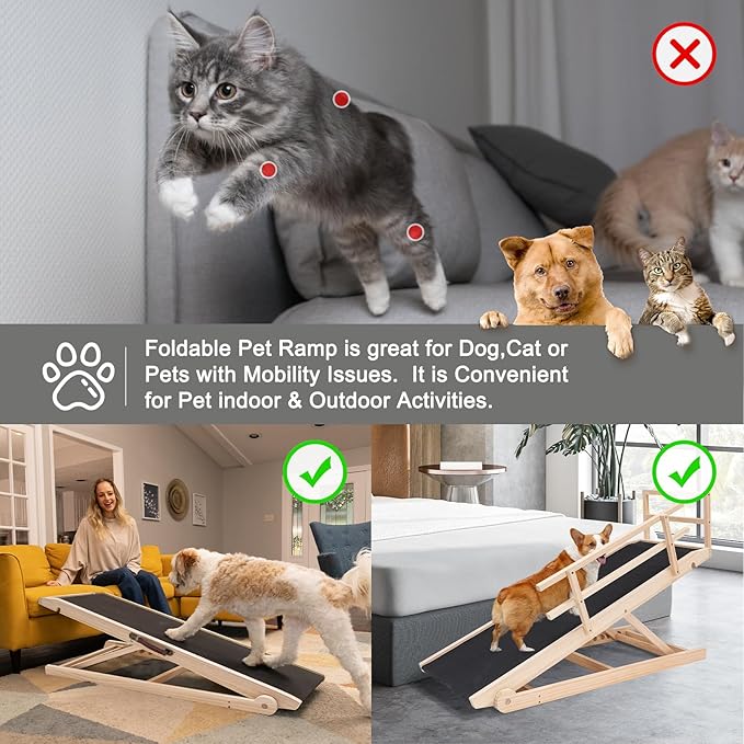 ABORON Folding Wooden Extra Long Dog Ramp, Non-Slip Rubber Mat, 63" Long for High Bed/Couch/Car, 5 Levels Adjustable Pet Ramp, 17.7'' Wide, Supports Small & Large Senior Dogs & Cats up to 200 lbs-PawvioPets