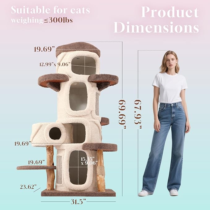 70" Heavy Duty Cat Tree for Large Cats with Toys, All-in-One Cat Tower with Cat Perch, Tall Cat Tower with Scratching Post, Brown Modern Cat House-PawvioPets