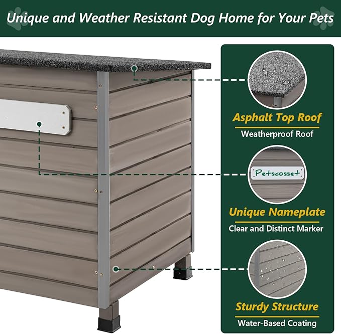 43.3" L Dog House Outdoor for Large Breeds Dogs Anti Chewing Iron Frames Dog Kennel Wooden Pet Houses for Indoor Outdoor with Weatherproof Roof,6 Elevated Feet, Reinforced Bottom Support-PawvioPets