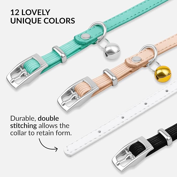 CollarDirect Leather Cat Collar with Bell - Kitten Collar, Small and Big Cat Strap for Boy Cats, Girl Cats with Safety Elastic Strap (Neck Fit 8"-11", White)-PawvioPets