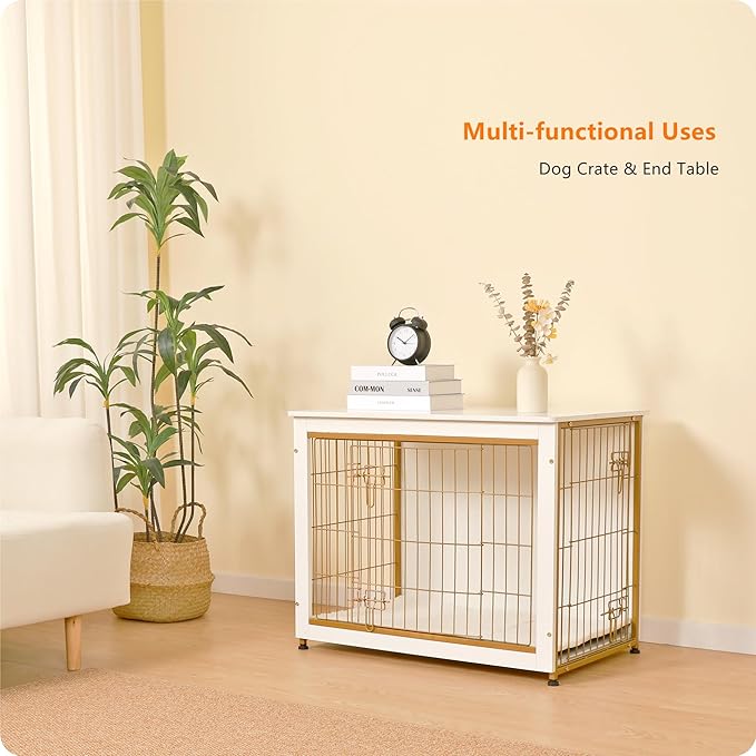 DWANTON Dog Crate Furniture with Cushion, Wooden Kennel Table with Double Doors, Indoor Dog House, Medium Size, 32.5" L, White-PawvioPets