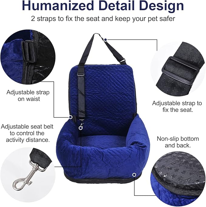 Dog Car Seat for Small Medium Dogs Up to 40lbs, Detachable Washable Soft Pet Booster Travel Bed for Front & Blue Seat with Safety Leash Belt-PawvioPets