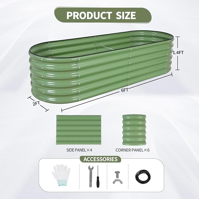 Galvanized Raised Garden Bed Outdoor- Raised Beds for Gardening| Metal Planter Box, Steel Raised Garden Bed Kit with Safety Edging and Gloves for Vegetables, Flower, Herbs (6x2x1.4FT, Green)-PawvioPets