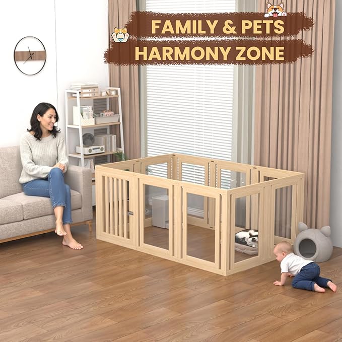 10 Panels Dog Playpen with Door, 23.6" H Pet Playpen Indoor, Clear Acrylic Puppy Playpens, Wooden Puppy Fence with Gate, Transparent Dog Pens, Pet Pen Indoor for Dogs, Cats, Rabbit (Wood)-PawvioPets