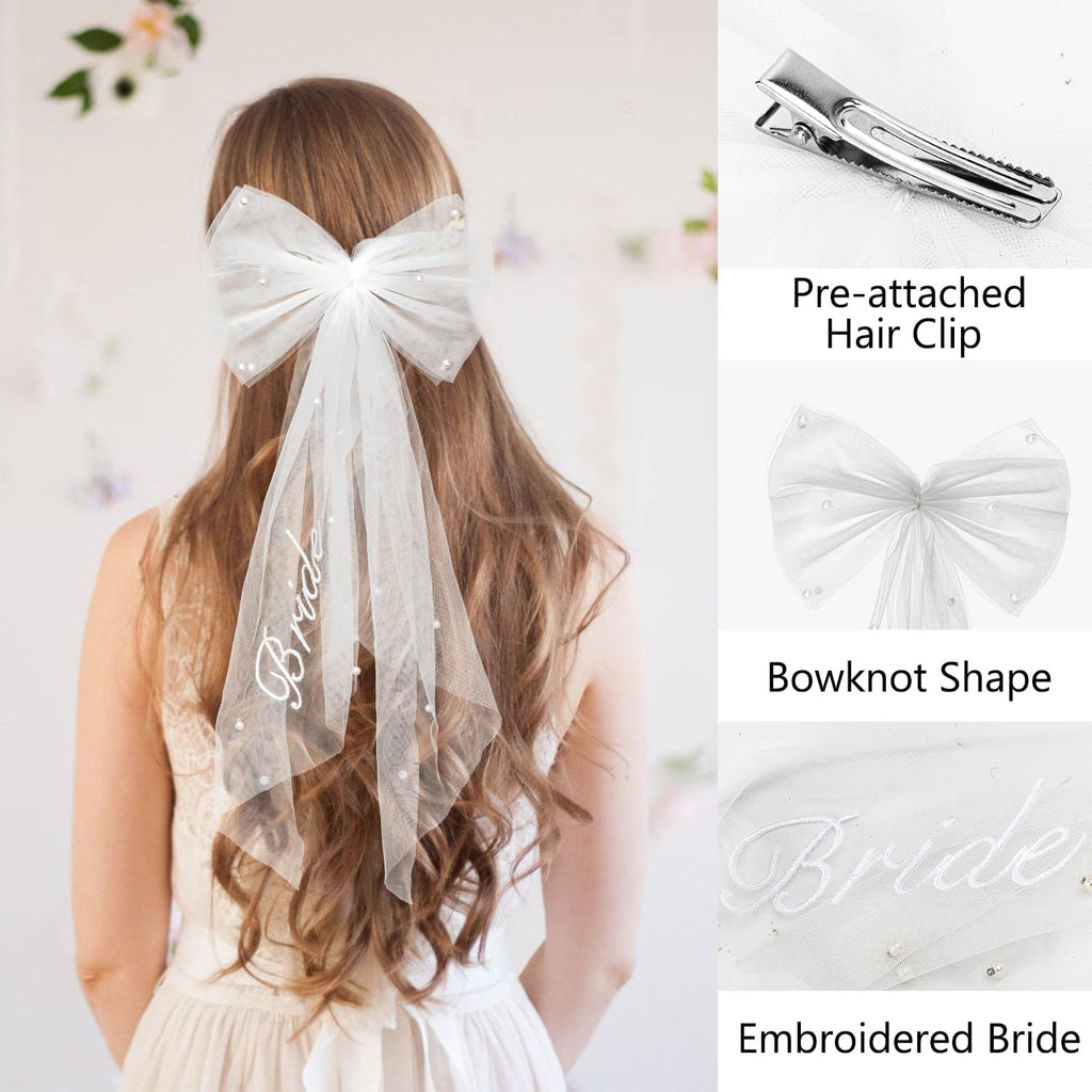 4 Pcs Bachelorette Party Decorations, BRIDE Crown,Pearl Bride Sash,White Bow Bride Veil,Bride Sunglasses for Women Bachelorette Party Gifts, Bridal Shower Supplies, Brides Accessories,Gifts, Favors