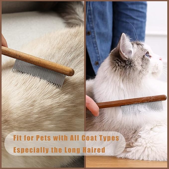 Dog Cat Comb with Solid Wood Handle Stainless Steel Teeth, Professional Pet Grooming Supplies Accessories Perfect for Honghair Hairy Pets-PawvioPets