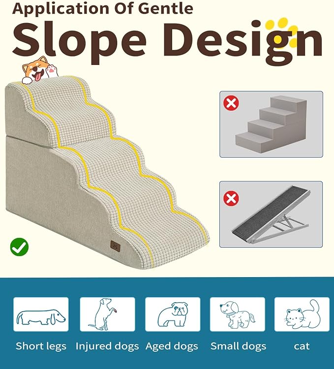 Dog Step for Bed, Dog Stair 5-Step 35D Pet Stair 19.7" H for High Bed or Sofa Non-Slip Balanced Pet Step Indoor, Beige-PawvioPets
