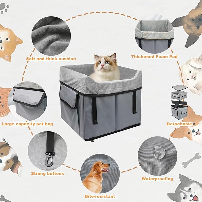 Eunice Small Dog Car Seat, 15.5 in (L) X 14.6 in (W) X 13 in (H) Washable Detachable and Portable Dog Booster Car Seat with Clip-on Safety Leash, Puppy Car Seats Storable Bottom Layer - Up to 25 lbs-PawvioPets