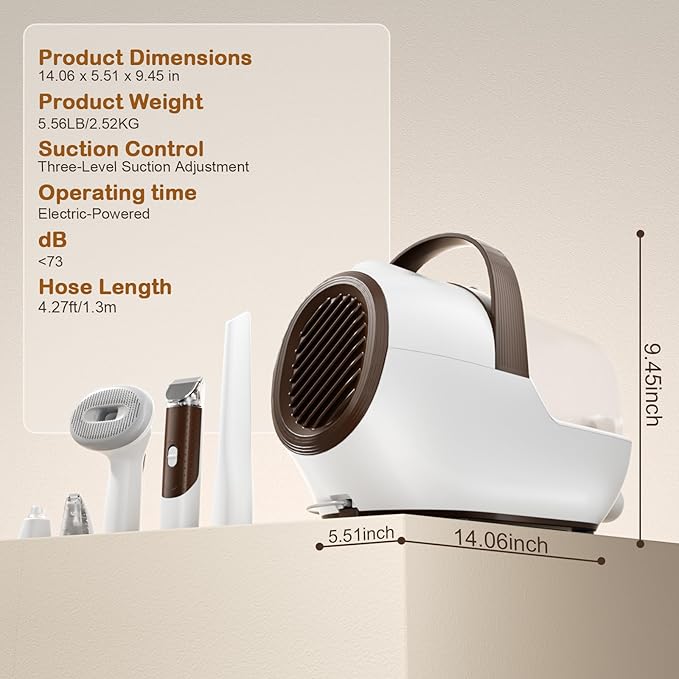 Dog Grooming Vacuum, Dog Grooming Kit with Pet Clipper Nail Grinder, 3 Suction Modes Dog Brush Vacuum with 6 Pet Grooming Tools (Brown)-PawvioPets