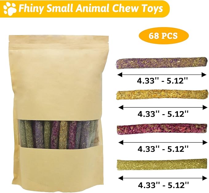Fhiny 68 PCS Rabbit Chew Sticks, Natural Petals Timothy Hay Sticks Guinea Pig Chewing Toys for Teeth Small Animals Molar Snacks for Bunny Guinea Pig Chinchilla Hamster-PawvioPets