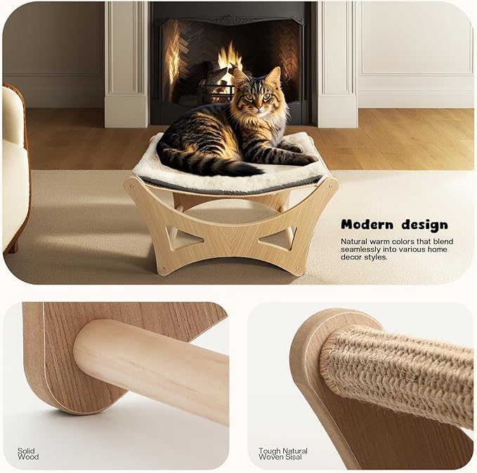 Cat Hammock Bed, Wooden Elevated Cat Beds with Natural Sisal Scratching Mat, Cats Scratcher Bed with Removable Soft Cushion, Cats Scratching Beds with Wood Frames, 22" L x 17.7" W-PawvioPets