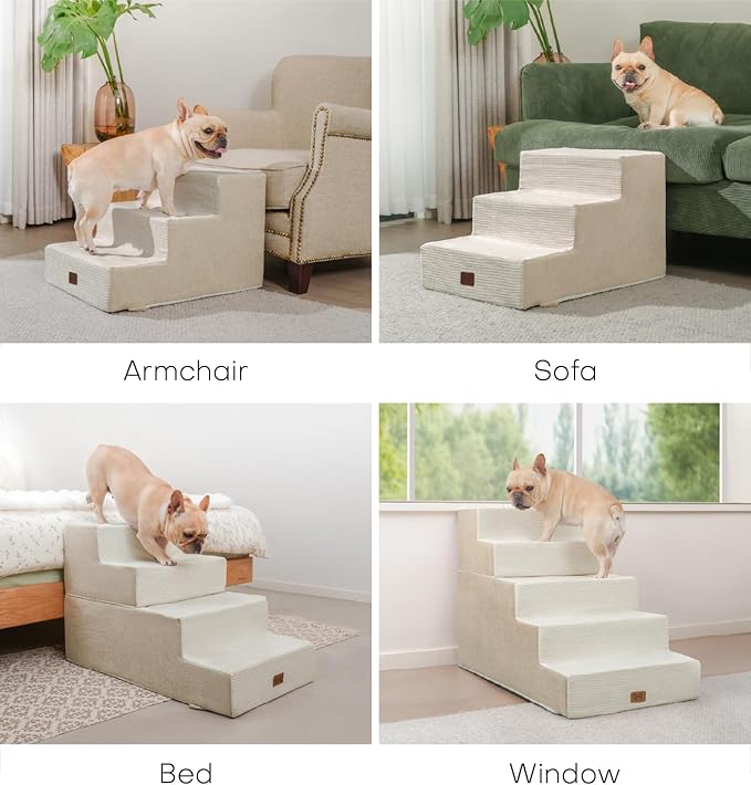 Dog Stairs for High Bed, Dog Steps for Bed Couch Sofa, 35D Foam Extra Wide Pet Steps for Small Dogs and Cats, Pet Stairs with Non-Slip Bottom Beige, 5 Steps-PawvioPets