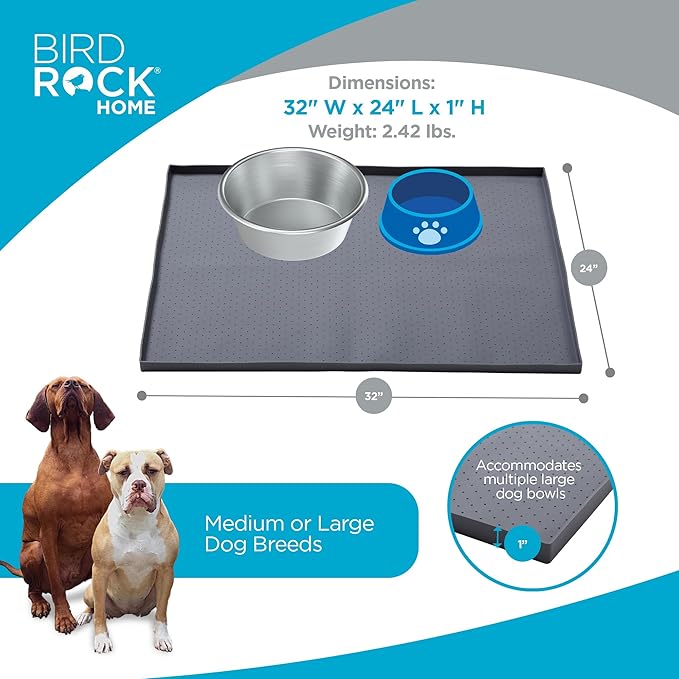 BIRDROCK HOME Extra-Large Dog Mat for Food and Water Bowls - Waterproof Pet Feeding Mat to Prevent Spills - Anti-Slip Rubber Tray for Messy Eaters - Placemat Protector for Floors - 32in x 24in - Grey-PawvioPets