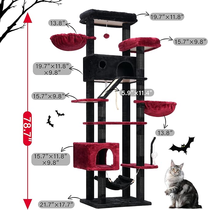 Gothic Cat Tree for Large Cats, 78.7"(200cm) Tall Cat Tower for Indoor Cats Multiple Cats with Large Top Perch, Cat Condo, Cat Hammcok, Cat Scratching Post, Black and Red GCT031BR-PawvioPets