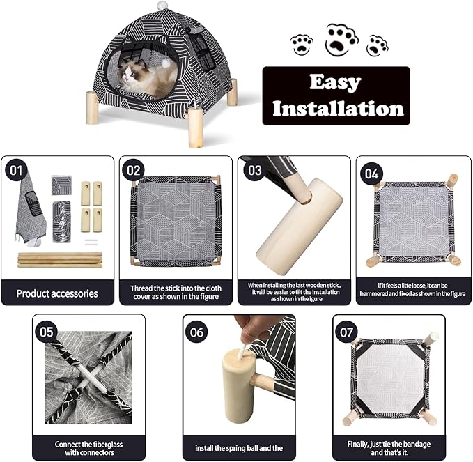 2-in-1 Elevated Cat Tent Cat House, Quick Assembly and Disassembly, Portable Indoor/Outdoor Cute Cat Bed Cave-Black Diamond Pattern-PawvioPets