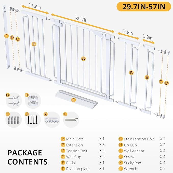 Cumbor 29.7-57" Extra Wide Baby Gate for Stairs, Mom's Choice Awards Winner-Dog Gate for Doorways, Pressure Mounted Walk Through Safety Child Gate for Kids Toddler, Tall Pet Puppy Fence Gate, White-PawvioPets