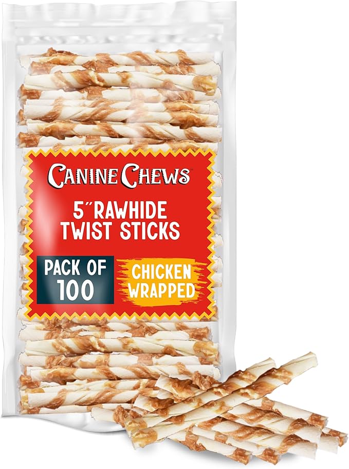 Canine Chews Chicken-Wrapped Rawhide Twists for Dogs - Pack of 100 U.S.A. Sourced Chicken Wrapped Rawhide Dog Treats, Sticks for Dogs - Premium & Natural Beefhide Chews-PawvioPets