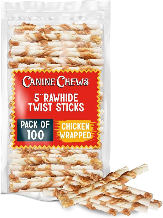 Canine Chews Chicken-Wrapped Rawhide Twists for Dogs - Pack of 100 U.S.A. Sourced Chicken Wrapped Rawhide Dog Treats, Sticks for Dogs - Premium & Natural Beefhide Chews-PawvioPets