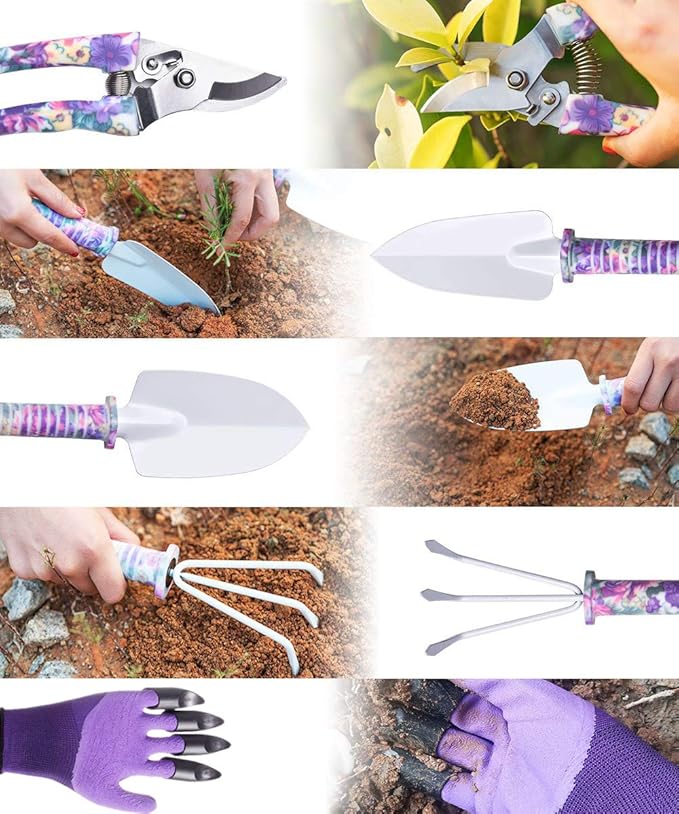 6 Pieces Garden Tools Set Planting Tools, Non-Slip Handle with Anti-Rust Trowel, Cultivator, Pruning Shear, Water Sprayer and Carrying Case, Gloves with Claws-PawvioPets