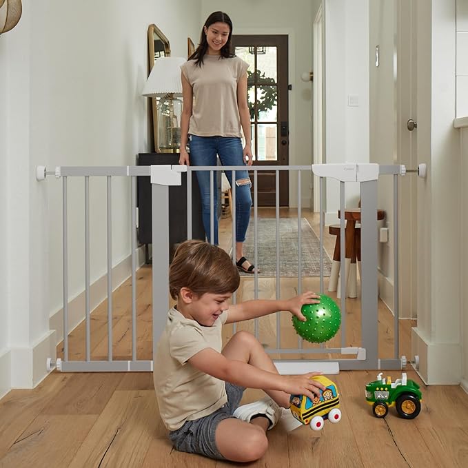 Cumbor 29.7-46" Baby Gate for Stairs, Gifts for Mom-Auto Close Dog Gate for The House, Easy Install Pressure Mounted Pet Gates for Doorways, Easy Walk Thru Wide Safety Gate for Dog, Gray-PawvioPets