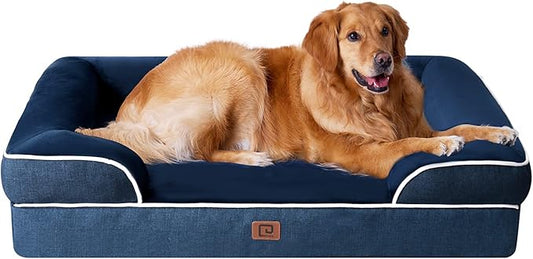 EHEYCIGA Orthopedic Dog Beds for Extra Large Dogs, Waterproof Memory Foam XL Dog Bed with Sides, Non-Slip Bottom and Egg-Crate Foam Big Pet Couch Bed with Washable Removable Cover, Navy-PawvioPets