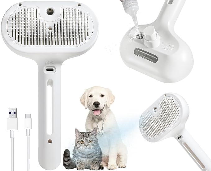 3-in-1 Steam Brush for Cats & Dogs – Hair Removal Comb with One-Click Release & Water Spray – Grooming Brush for Shedding, Long/Short Hair-PawvioPets